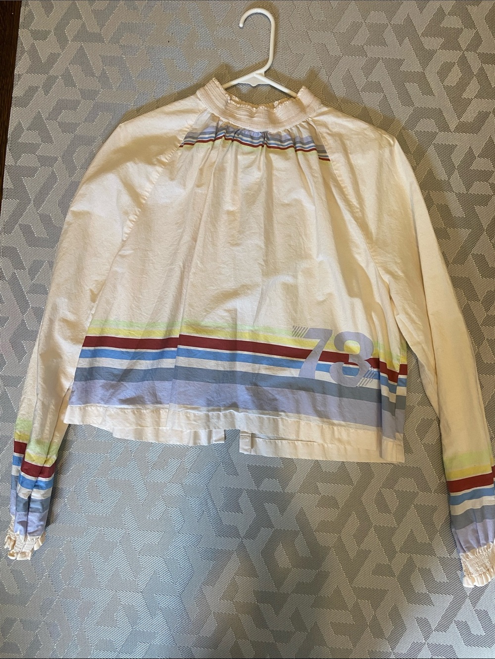 Free People Cream Long-Sleeve Smocked Neck Blouse with Multicolor Stripes